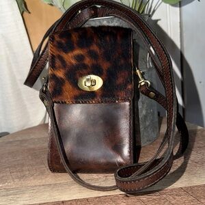 Y2K Patricia Nash Rivella calf hair leopard chocolate Leather slim Crossbody Bag